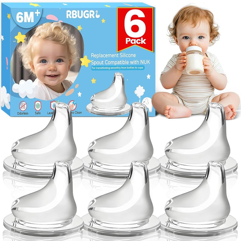 RBUGR 6 Pack Replacement Silicone Spout Compatible with NUK Active and Learner Cups, Sippy Cup Nipple for NUK Sippy Cup & Learner Cup, 100% Silicone Sippy Nipples for 6m+ - Image 1